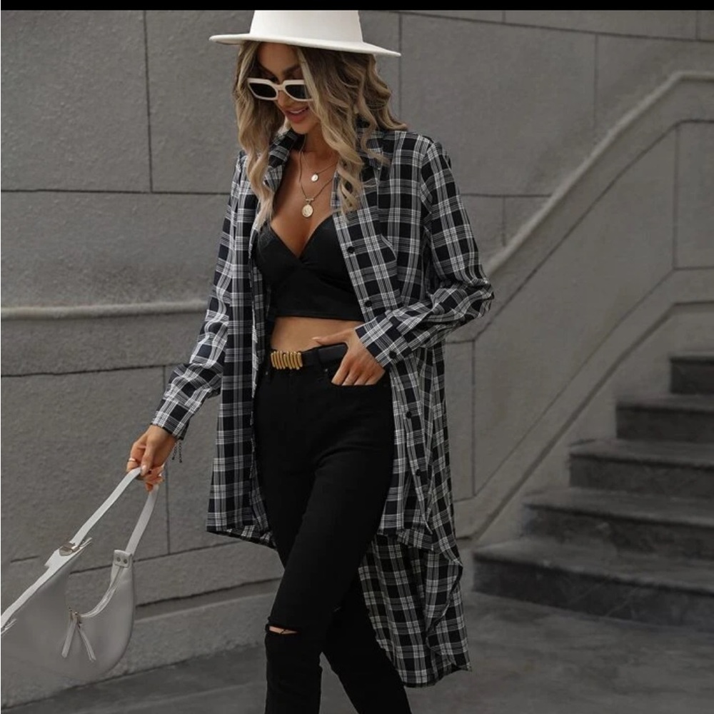 SHEIN LUNE Plaid Print High Low Hem Shirt
